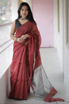 Red Striped Cotton -Silk saree with silver aanchal