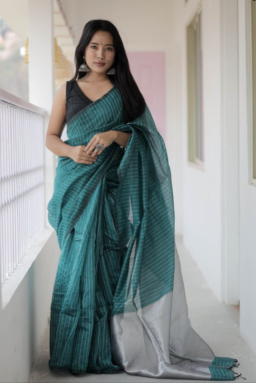 Green Striped Cotton-Silk saree with silver aanchal