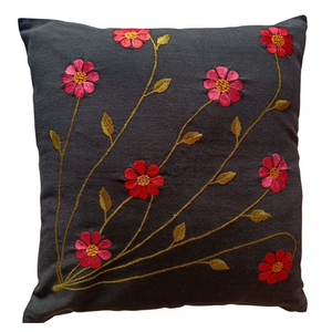 Black & Red Floral Embroidered Cushion