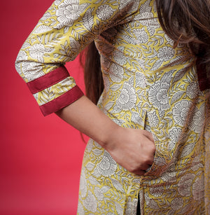 Yellow & Maroon Block-print Kurta