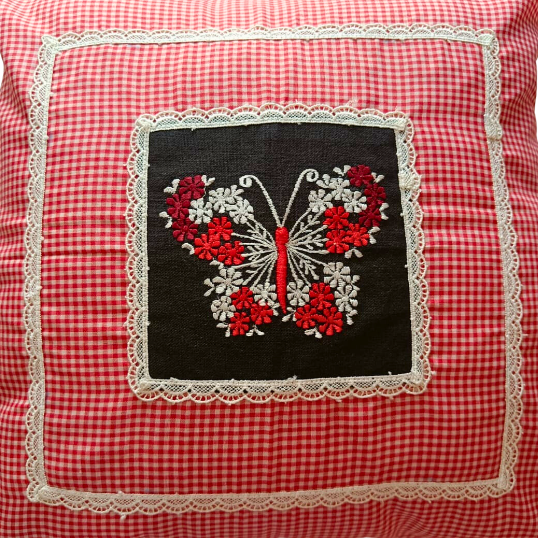 Gingham Print cushion cover with butterfly embroidery