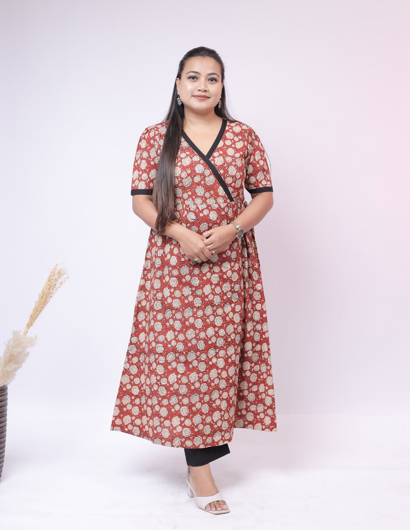 Red block-print A-line Kurta