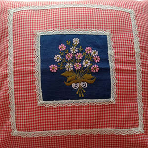 Gingham Print cushion cover with floral bunch embroidery