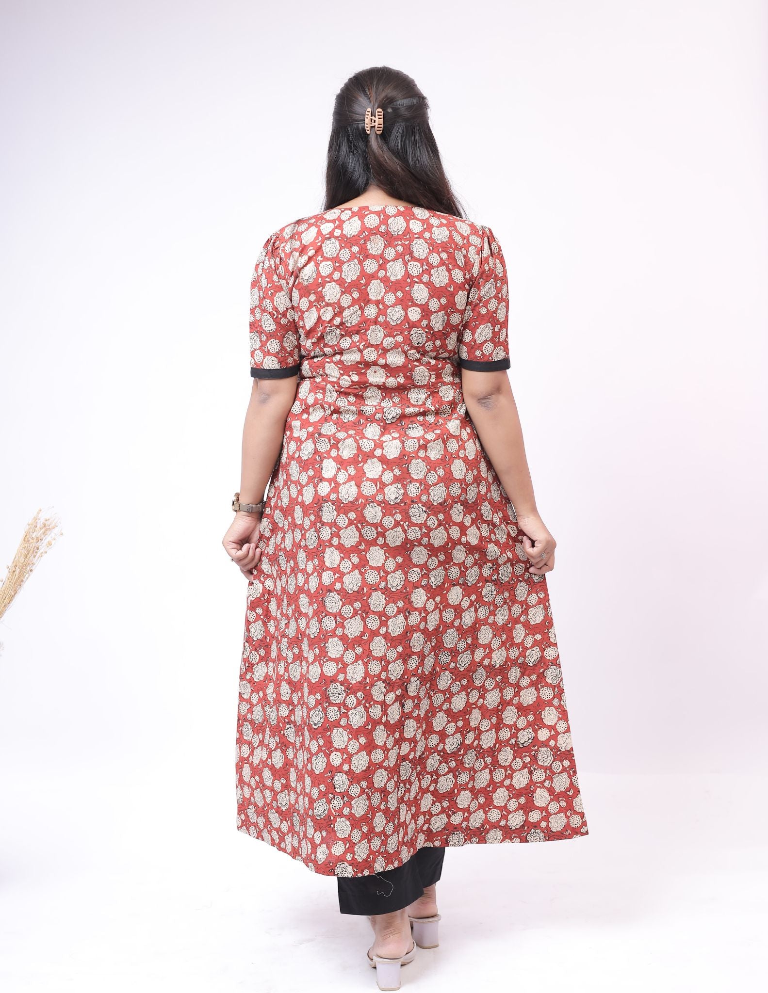 Red block-print A-line Kurta