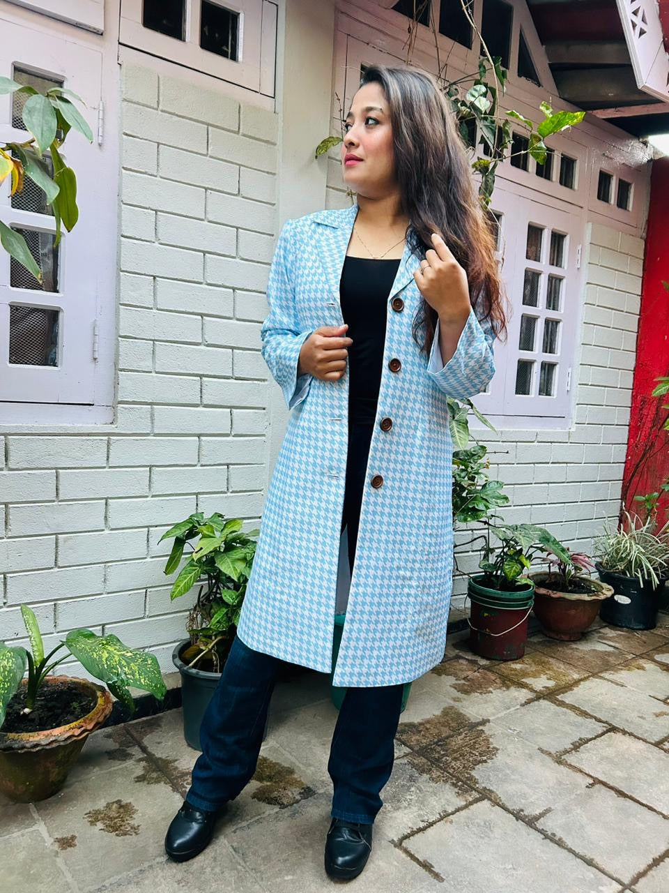 Blue Dogtooth print Long Coat