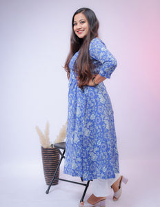 Blue block-print A-line Kurta