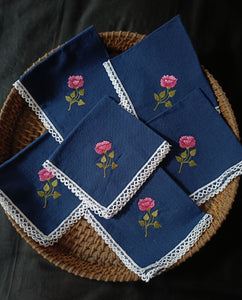 Set of 6 Navy Blue napkins with pink floral embroidery & lace details