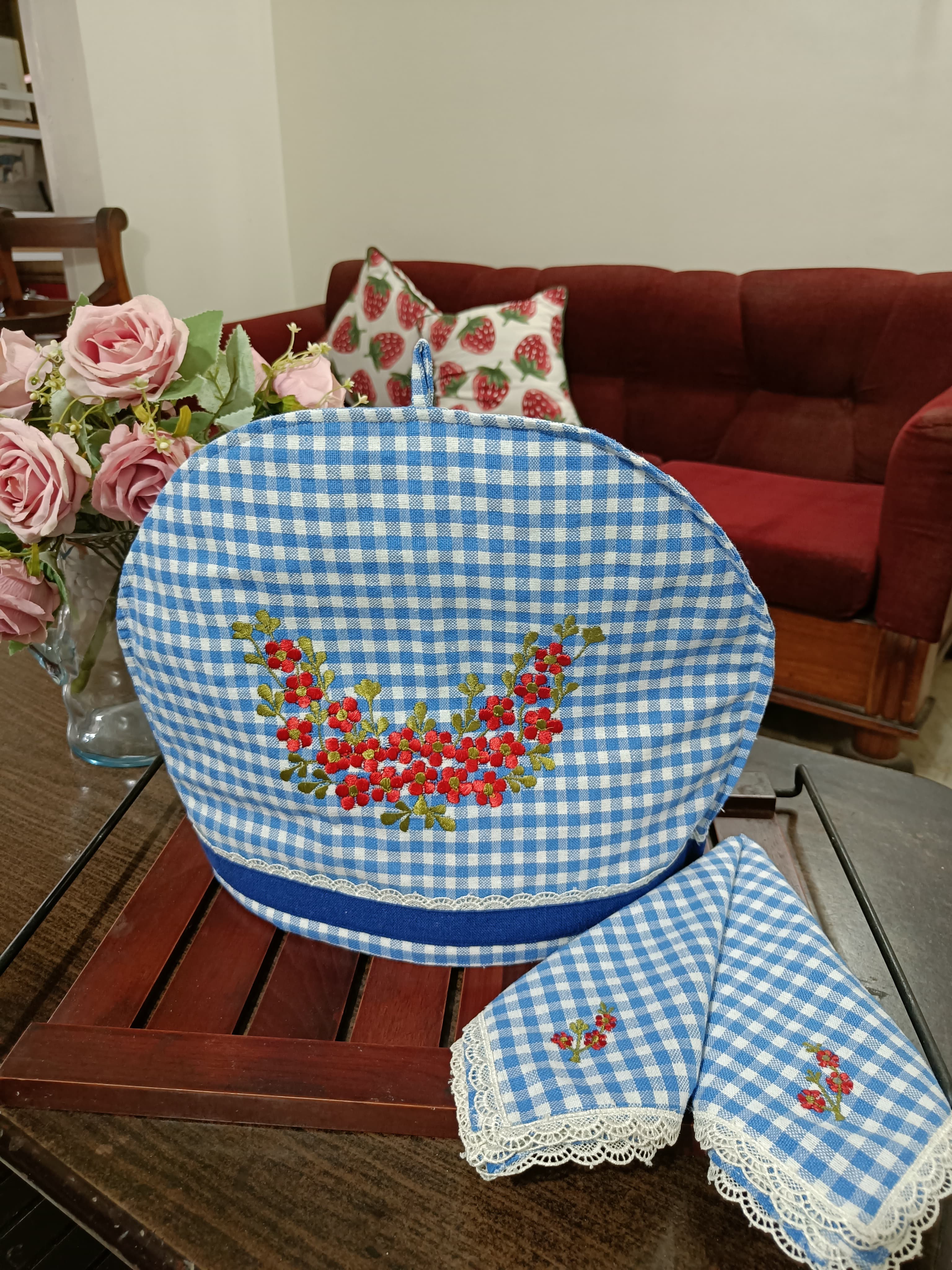 Floral Embroidered Tea-cosy & Napkin Set in Gingham print with lace border (Pre-order)