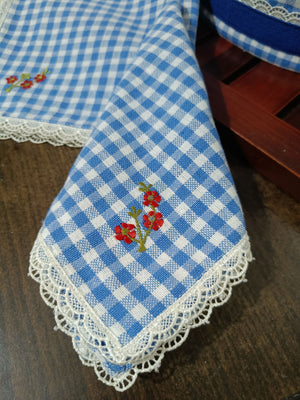 Floral Embroidered Tea-cosy & Napkin Set in Gingham print with lace border (Pre-order)