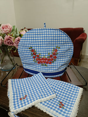 Floral Embroidered Tea-cosy & Napkin Set in Gingham print with lace border (Pre-order)