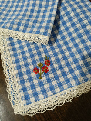 Floral Embroidered Tea-cosy & Napkin Set in Gingham print with lace border (Pre-order)