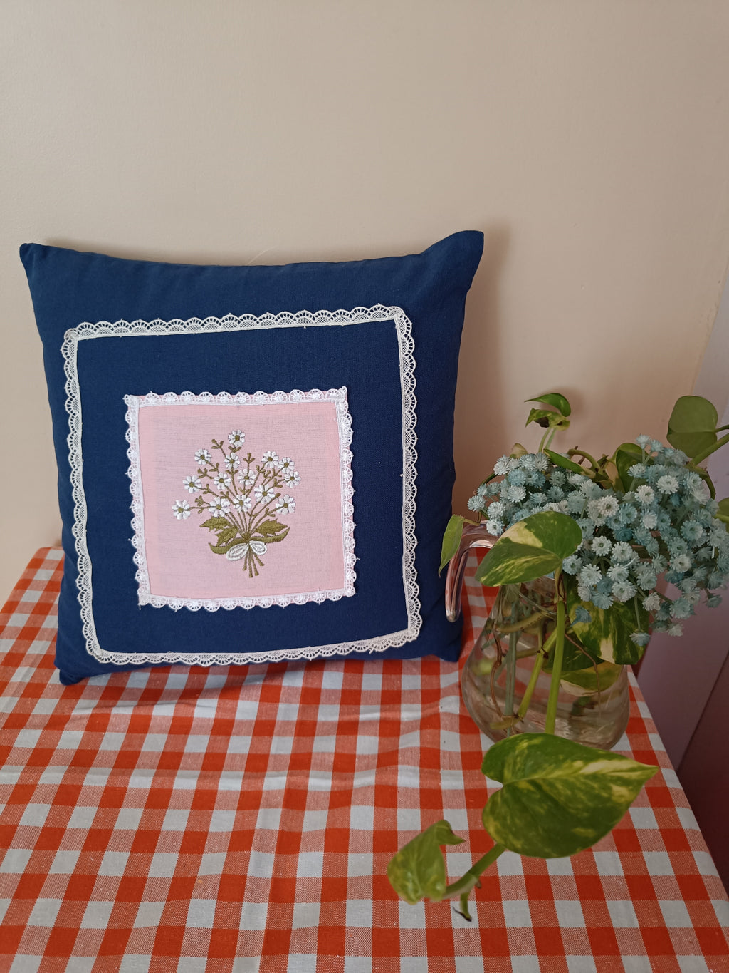 Navy Blue & Baby Pink Floral Embroidered Cushion covers with lace
