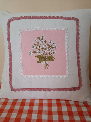 Set of 2: White & Baby Pink Floral Embroidered Cushions with lace