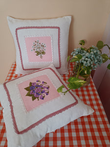 Set of 2: White & Baby Pink Floral Embroidered Cushions with lace