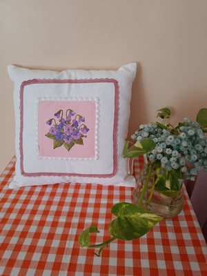 White & Baby Pink Floral Embroidered Cushion covers with lace
