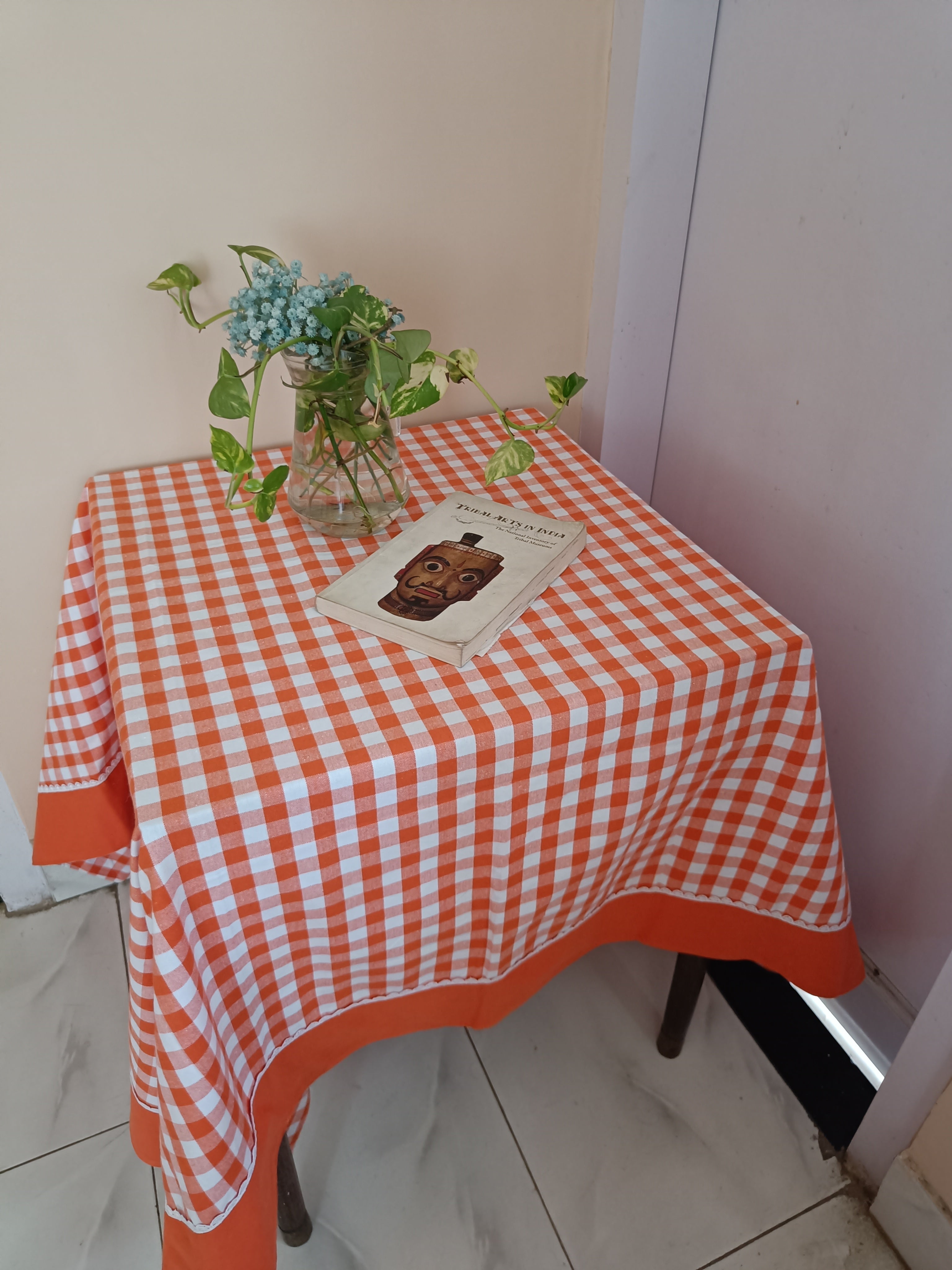 Orange Gingham Print Table Cloth with lace