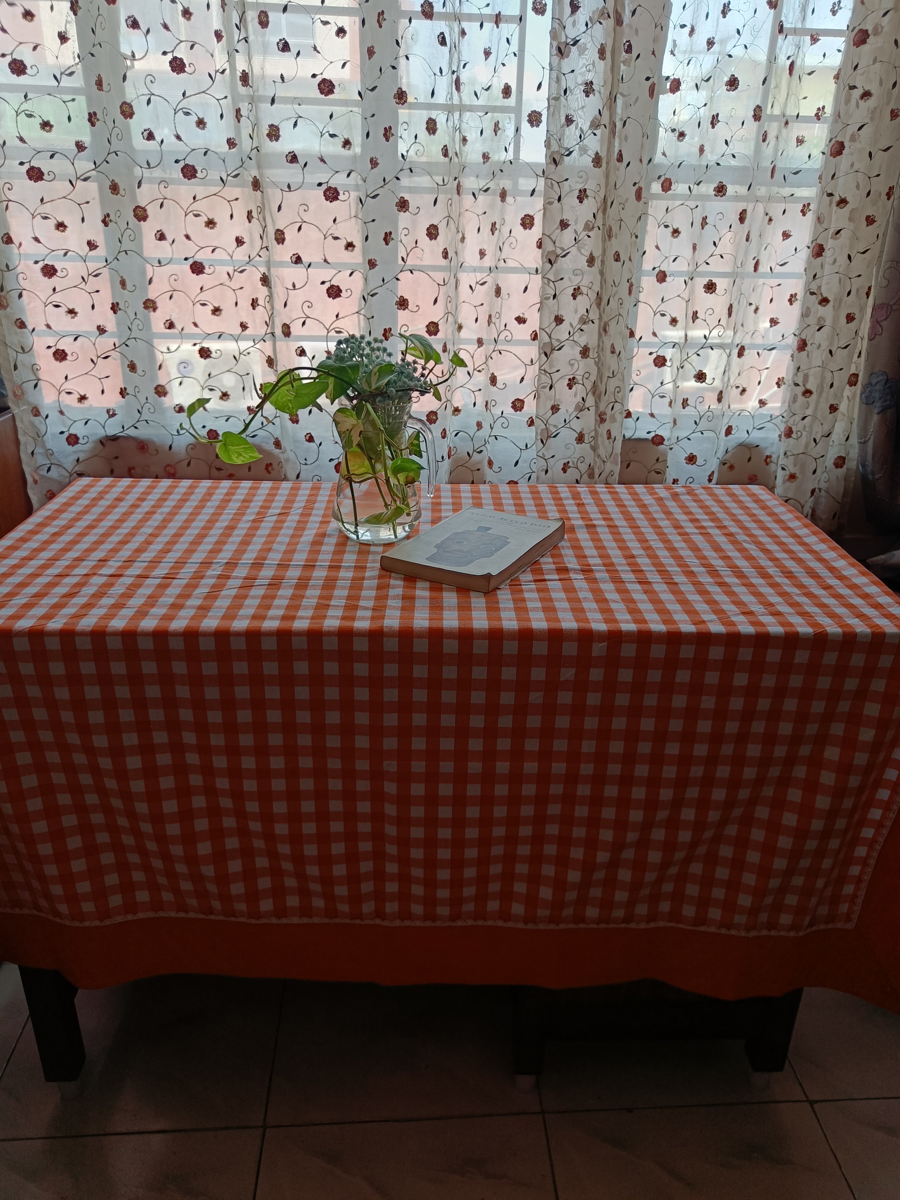 Orange Gingham Print Table Cloth with lace