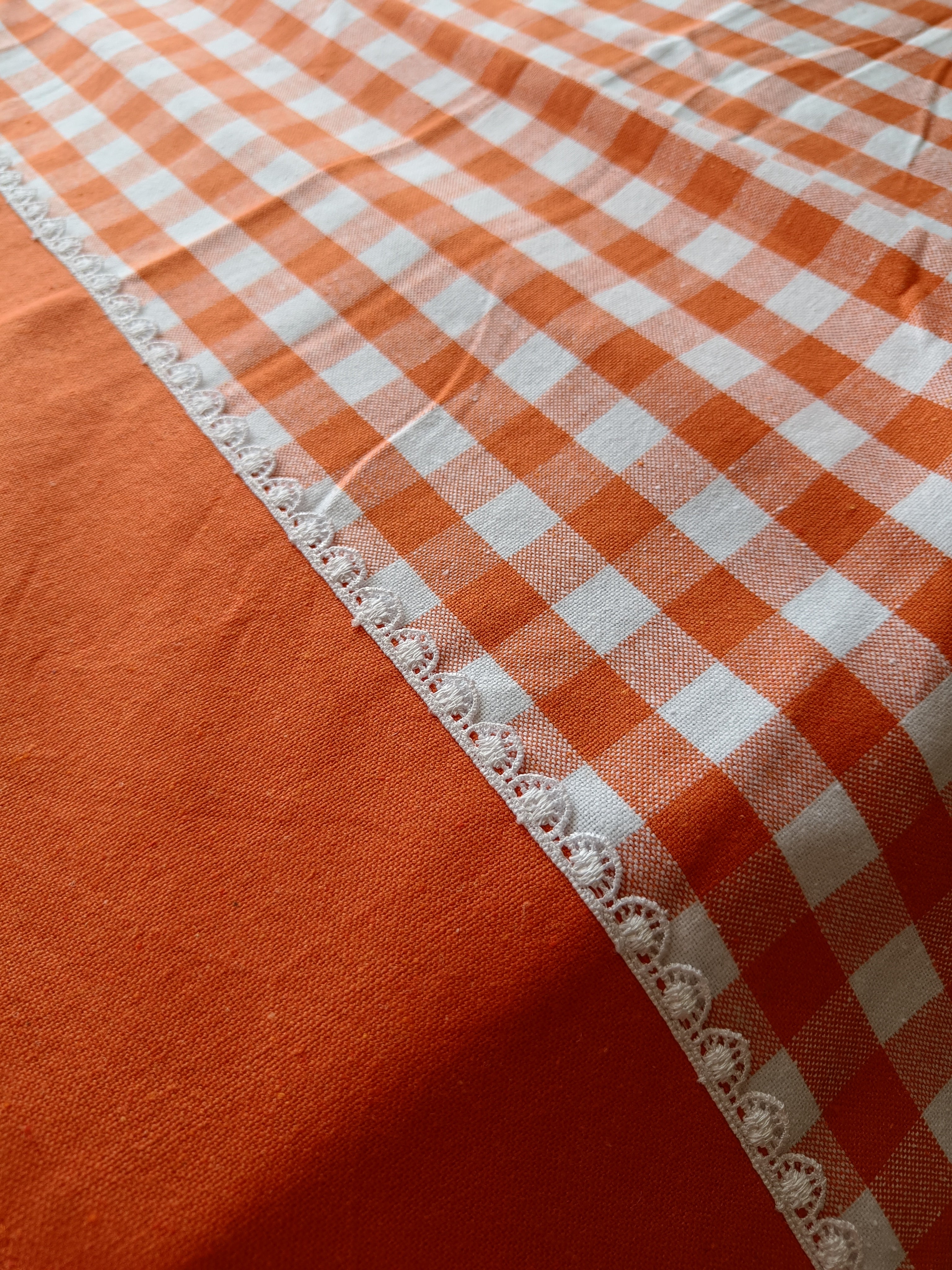 Orange Gingham Print Table Cloth with lace