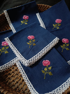 Set of 6 Navy Blue napkins with pink floral embroidery & lace details