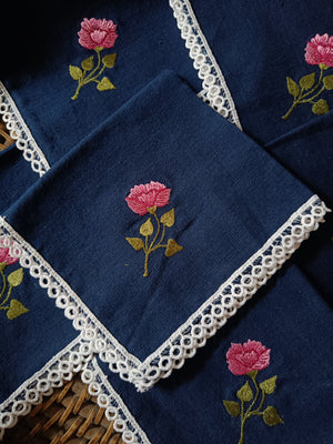 Set of 6 Navy Blue napkins with pink floral embroidery & lace details