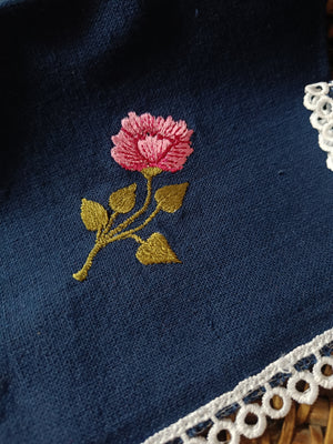 Set of 6 Navy Blue napkins with pink floral embroidery & lace details