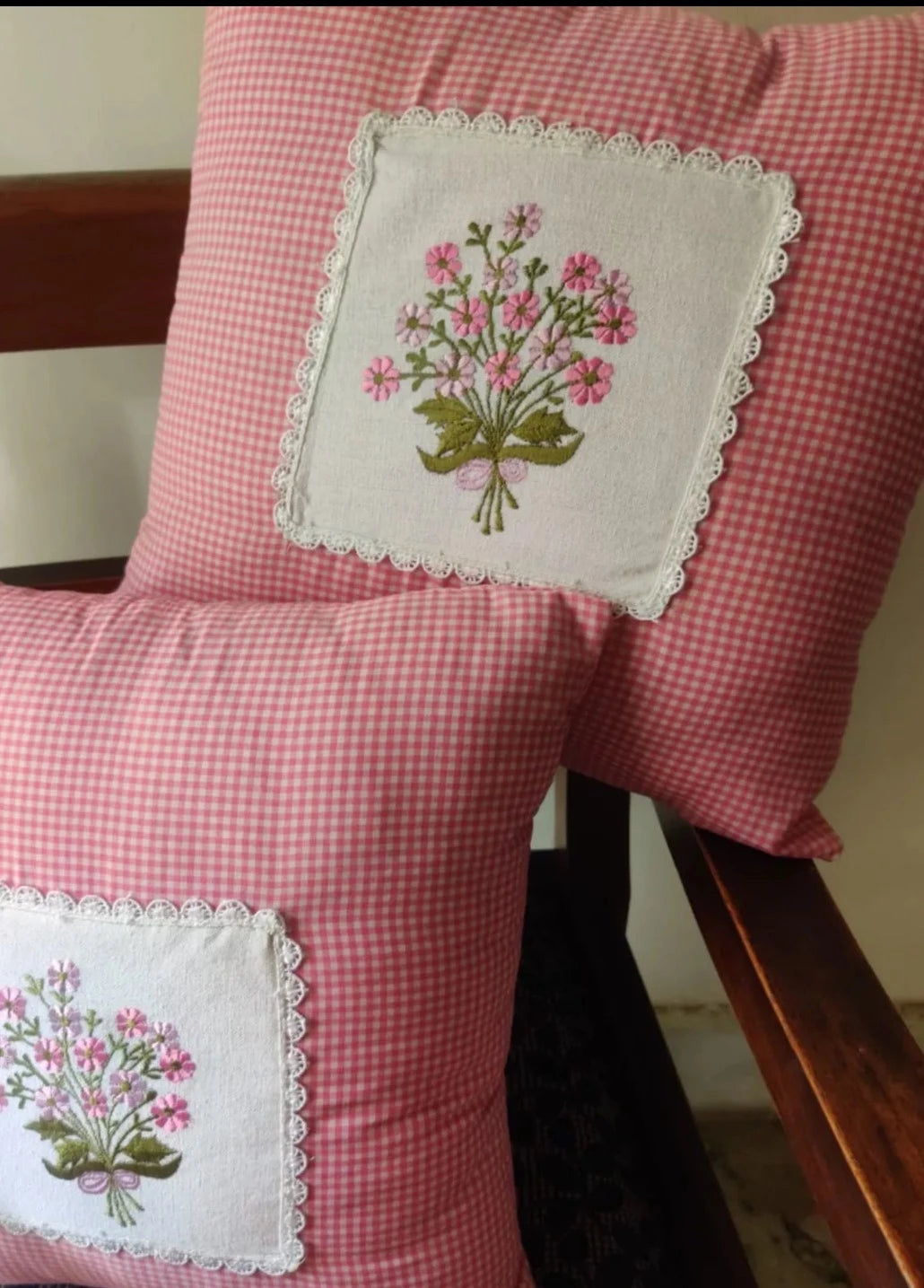 Gingham Print Floral Embroidered Cushion cover with lace