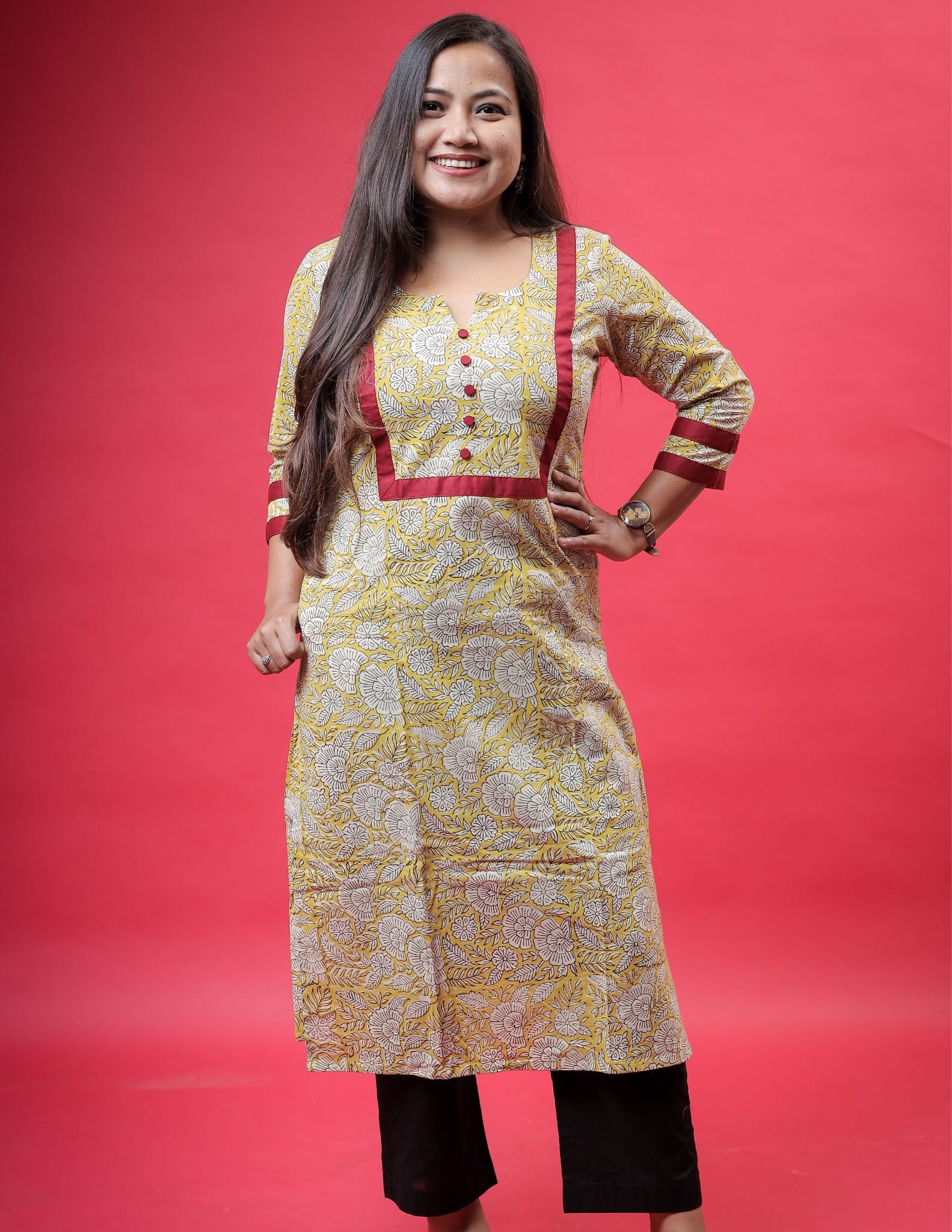 Yellow & Maroon Block-print Kurta