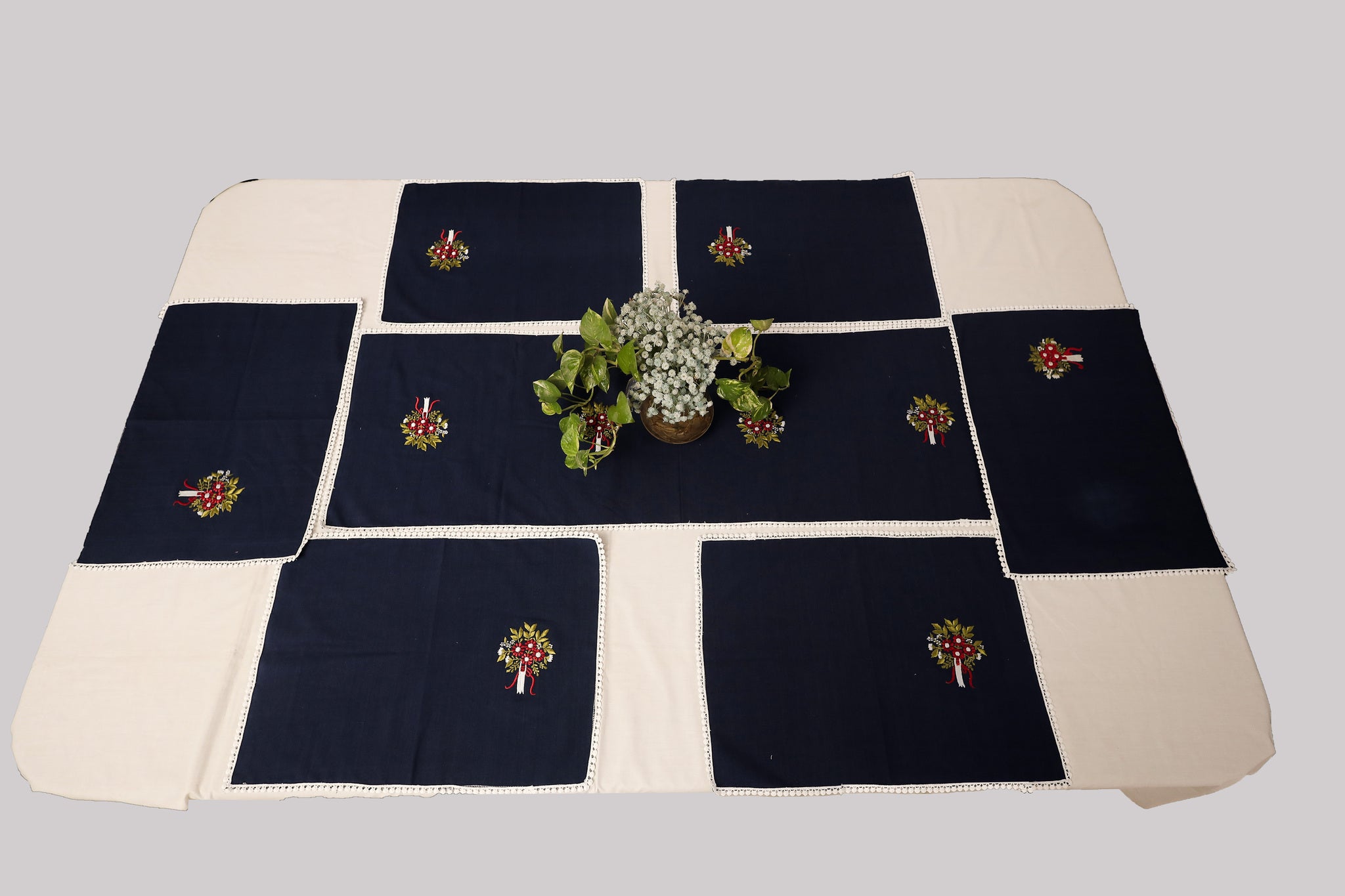 Set of 7 Navy-blue Table Mats & Runner with floral embroidery