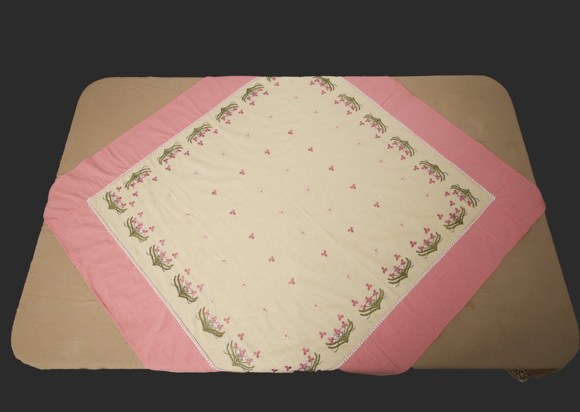 Pink & Beige Square Table cloth with all over embroidery