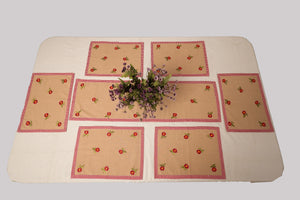 Set of 6 Beige and Red Table Mats & 1 Runner with floral embroidery (Pre-order)