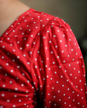 Red & White Polka Dot Midi Dress with front slit