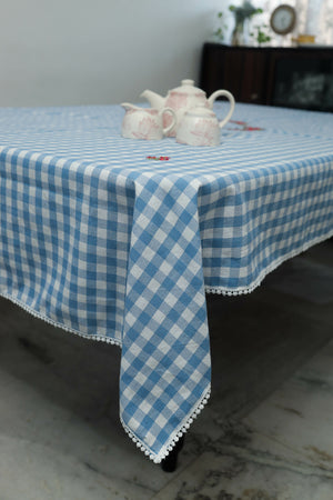 Blue Gingham print Table Cloth with red floral embroidery