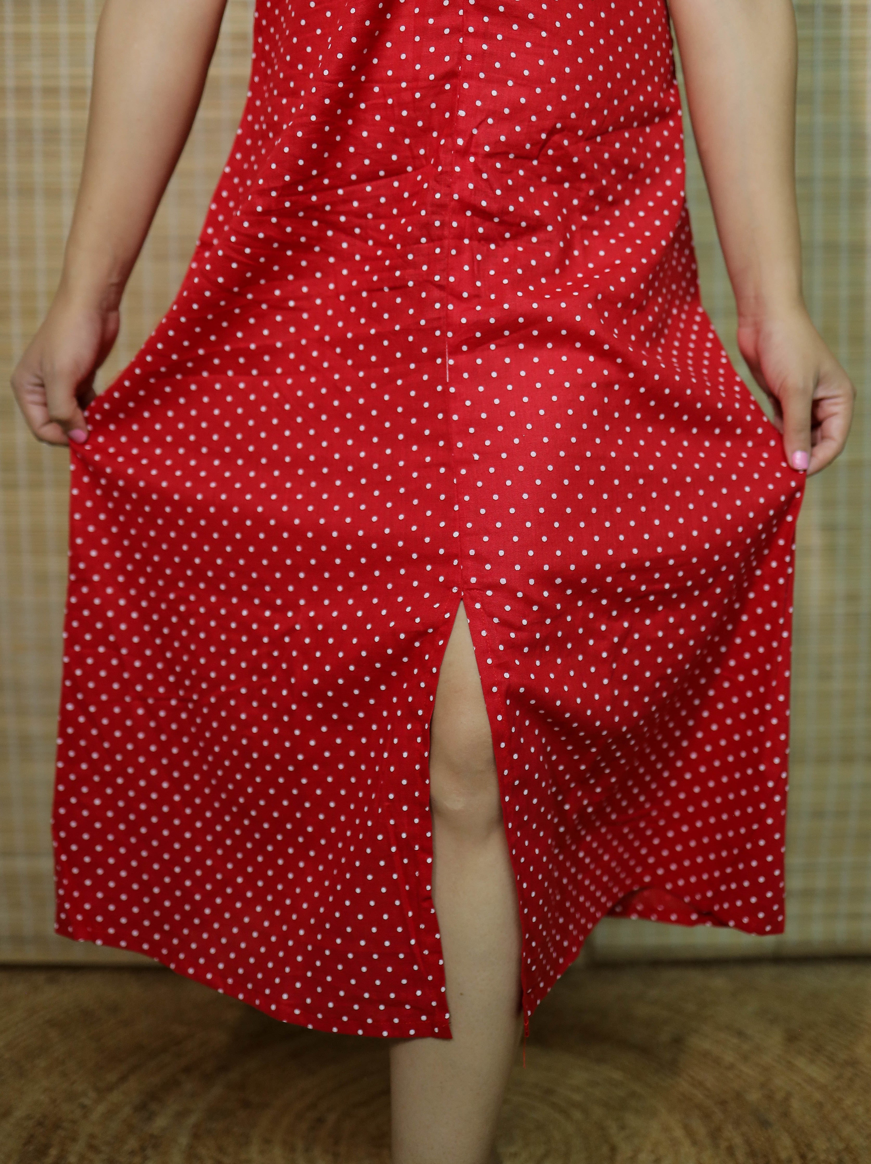 Red & White Polka Dot Midi Dress with front slit