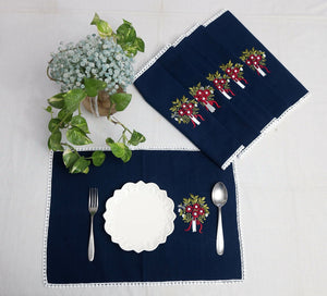 Set of 7 Navy-blue Table Mats & Runner with floral embroidery