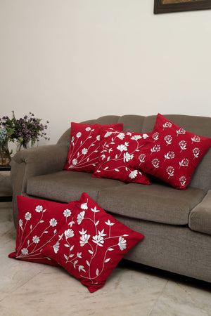 Set of 5 Red cushion cover with white floral embroidery (Pre-order)