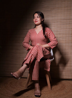 Brick Red Striped Cotton Kurta Set