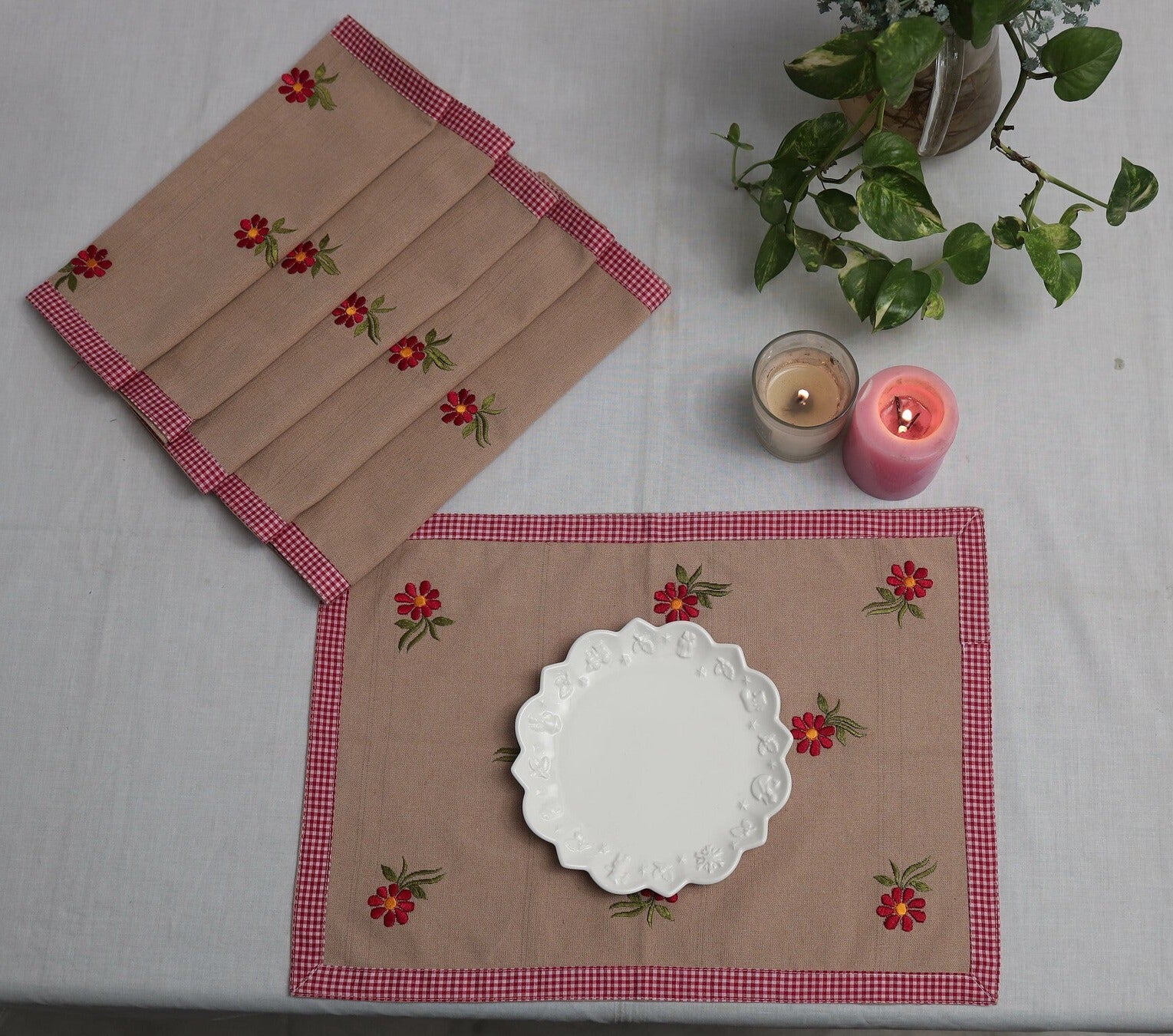 Set of 7 Beige and Red Table Mats & Runner with floral embroidery