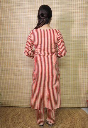 Brick Red Striped Cotton Kurta Set