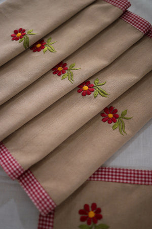 Set of 7 Beige and Red Table Mats & Runner with floral embroidery