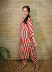 Brick Red Striped Cotton Kurta Set