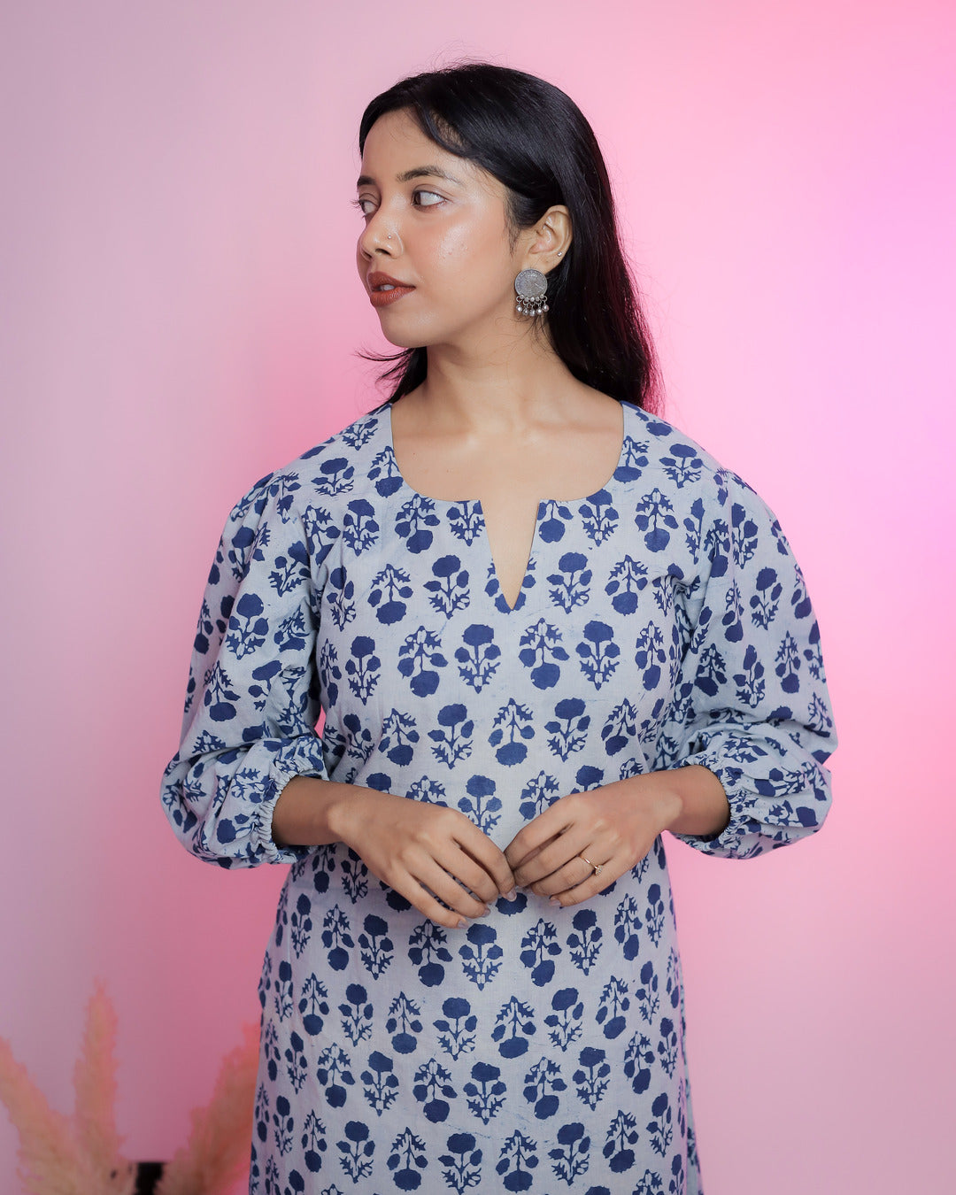 Indigo print Midi Dress with puffed sleeves