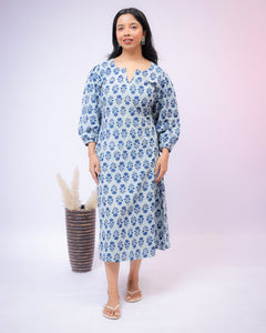 Indigo print Midi Dress with puffed sleeves