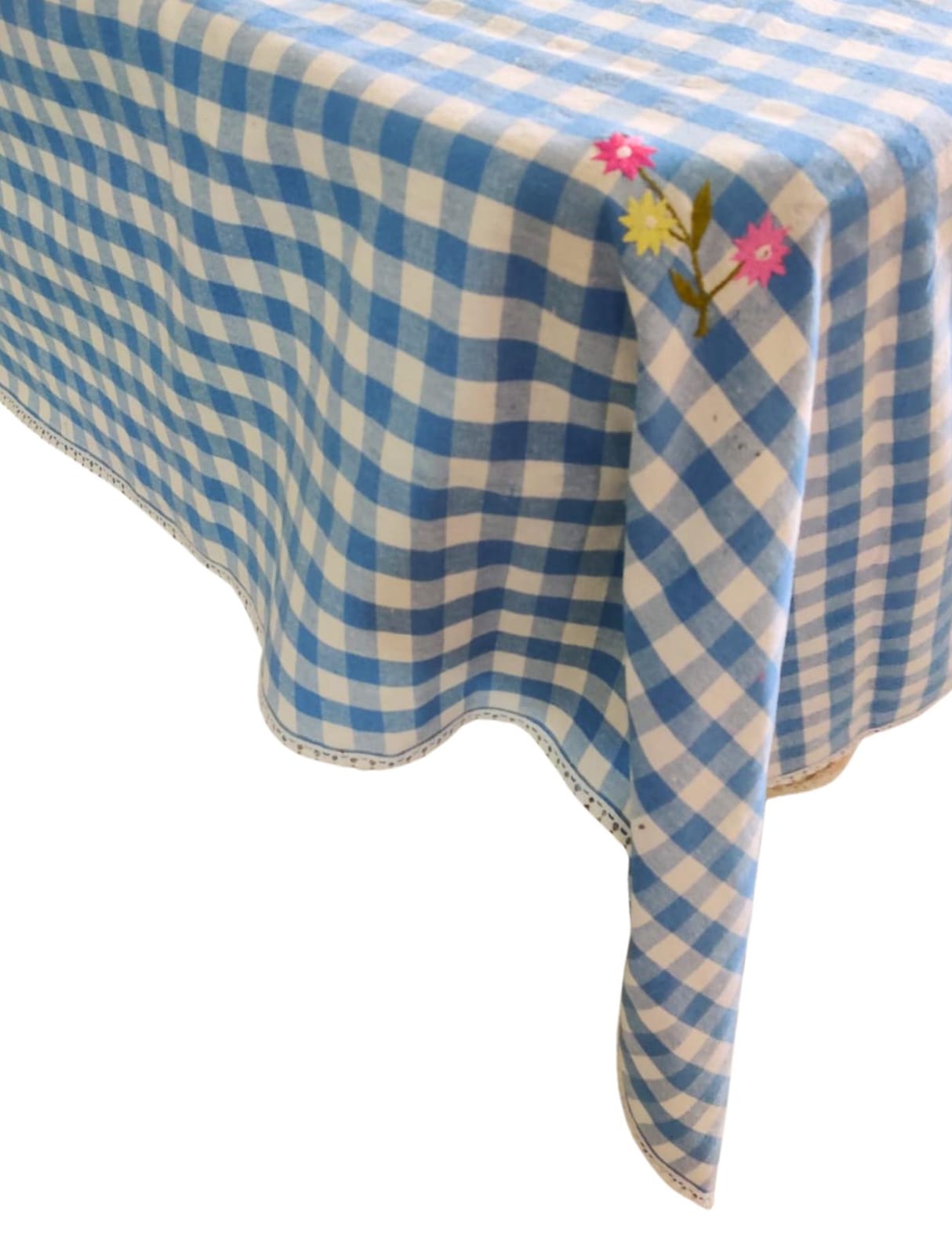 Floral embroidered tablecloth in blue gingham print