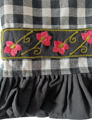 Set of 2: Black Gingham Print Valance with red floral embroidery