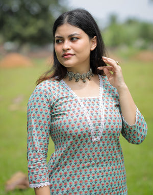 Blue Floral Printed Kurta with lace details and pocket.