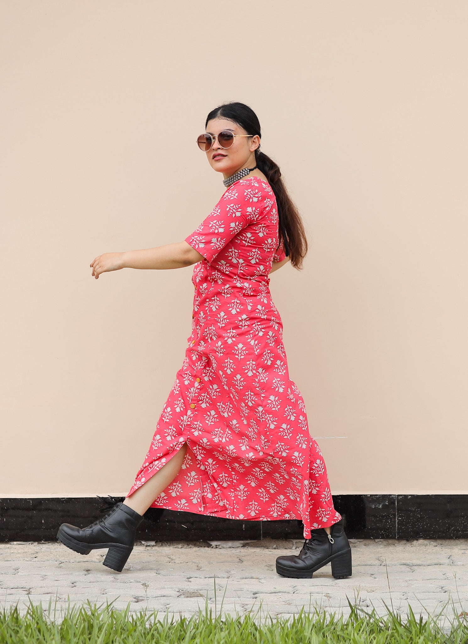 Red printed button-down Cotton Dress with pocket.
