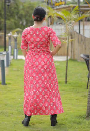 Red printed button-down Cotton Dress with pocket.