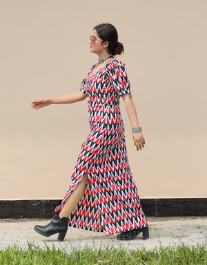 Aztec Print maxi in red, white and black.