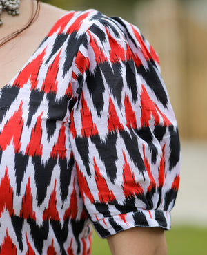 Aztec Print maxi in red, white and black.
