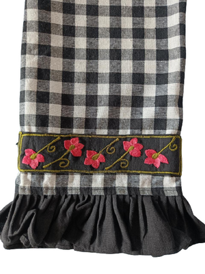 Set of 2: Black Gingham Print Valance with red floral embroidery